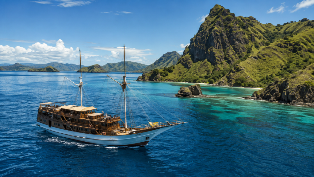 Kapal Phinisi berlayar di Taman Nasional Komodo mewakili pertumbuhan pasar yacht charter Asia Pasifik.