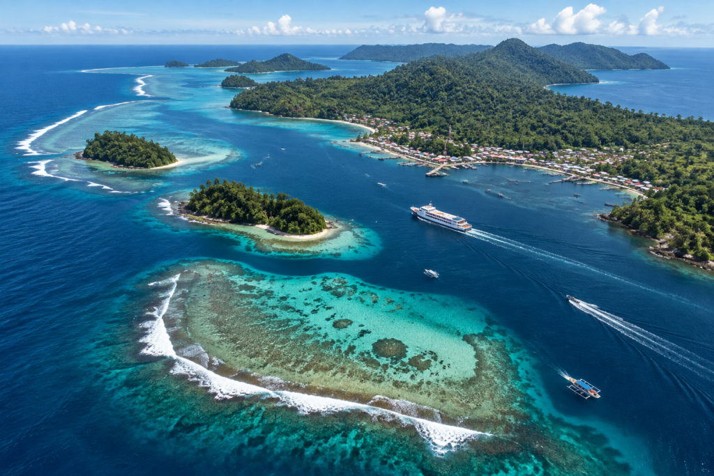 Pemandangan udara gugusan pulau karang dan terumbu atol di Kepulauan Mentawai Sumatra Barat.