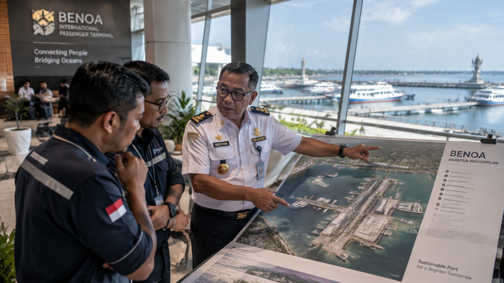 Pejabat Pelindo meninjau peta masterplan sandar kapal pesiar mewah di Pelabuhan Benoa 2026 di terminal internasional.