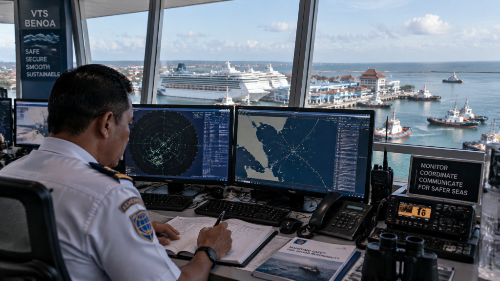 Petugas navigasi pelabuhan memantau data lalu lintas maritim dan lonjakan kunjungan kapal pesiar di Pelabuhan Benoa.