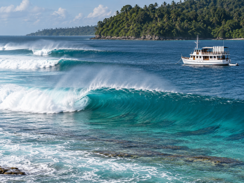 Gulungan ombak kiri sempurna di spot Macaroni Pagai Utara Kepulauan Mentawai dengan kapal charter peselancar.