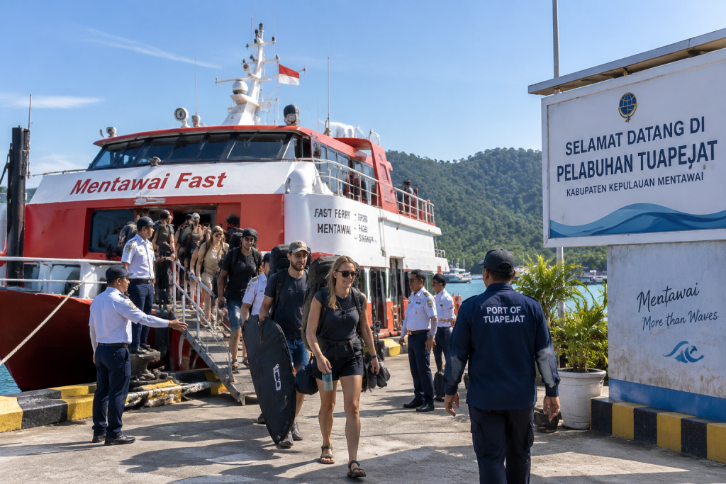 Kapal cepat Mentawai Fast bersandar di dermaga Pelabuhan Tuapejat membawa wisatawan dan papan selancar.