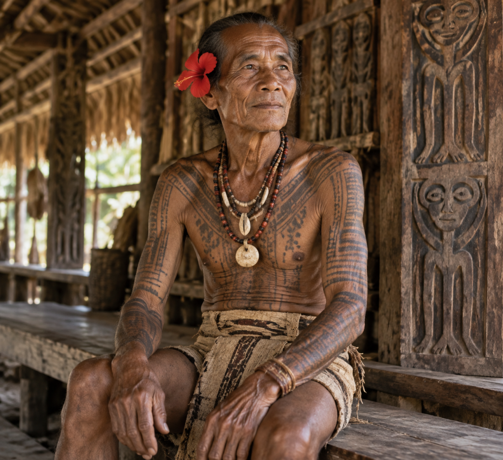 Tetua adat Sikerei dengan tato tradisional Titi di dalam rumah adat Uma di Pulau Siberut Mentawai.