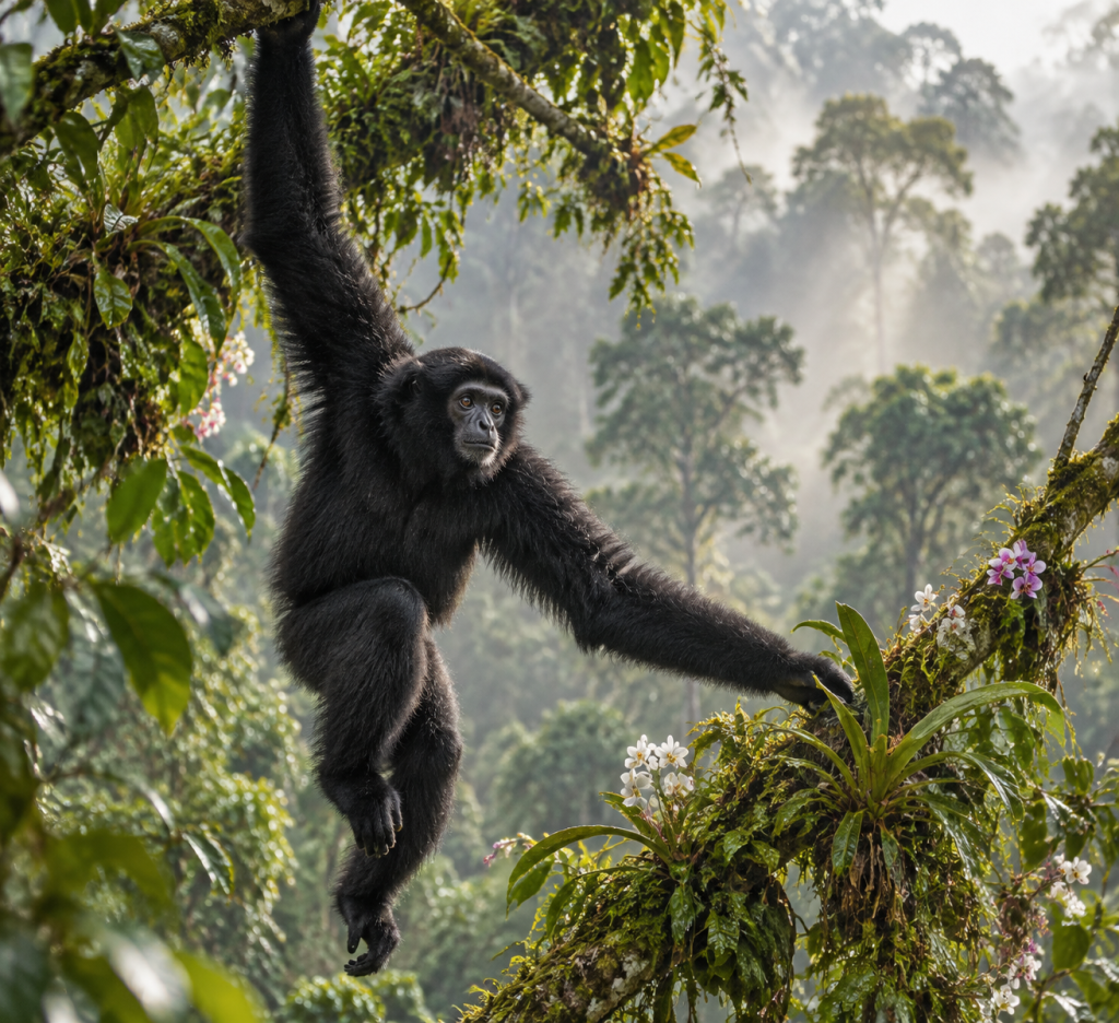 Owa Kloss primata endemik bergelantungan di kanopi hutan hujan Taman Nasional Siberut cagar biosfer UNESCO.