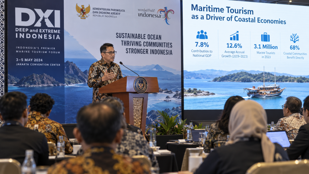 Suasana konferensi pers pameran DEEP and EXTREME Indonesia (DXI) 2026 membahas estimasi kontribusi wisata bahari nasional.