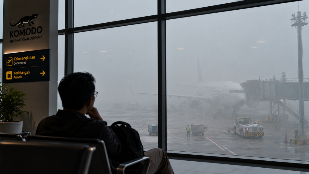 Haze Kembali Selimuti Labuan Bajo, BMKG Catat Jarak Pandang 4 Km 3 Siluet penumpang menunggu di dekat jendela kaca Bandara Komodo dengan pemandangan landasan pacu yang tertutup udara kabur.