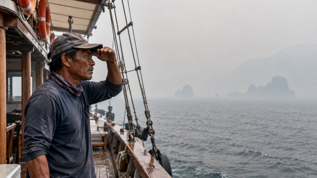 Haze Kembali Selimuti Labuan Bajo, BMKG Catat Jarak Pandang 4 Km 4 Nakhoda kapal wisata berdiri di dek sambil menyipitkan mata, mengamati jalur pelayaran yang jarak pandangnya sangat terbatas akibat haze.