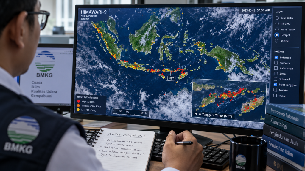 Haze Kembali Selimuti Labuan Bajo, BMKG Catat Jarak Pandang 4 Km 5 Petugas meteorologi menganalisis sebaran titik panas (hotspot) di wilayah NTT melalui layar monitor beresolusi tinggi di stasiun BMKG.