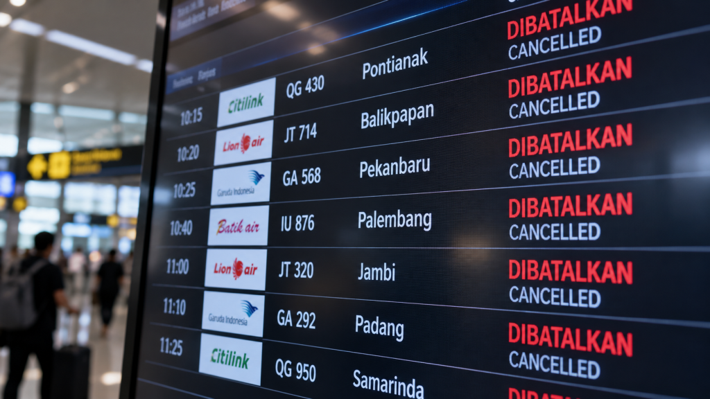 Haze Kembali Selimuti Labuan Bajo, BMKG Catat Jarak Pandang 4 Km 8 Papan informasi keberangkatan digital di sebuah bandara yang menunjukkan deretan status penerbangan "Dibatalkan" akibat dampak karhutla nasional.