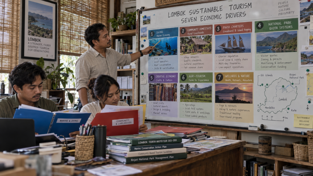 Presentasi skema tujuh penggerak rantai nilai wisata bahari dari aktivitas petualangan hingga belanja akomodasi pada papan strategi.