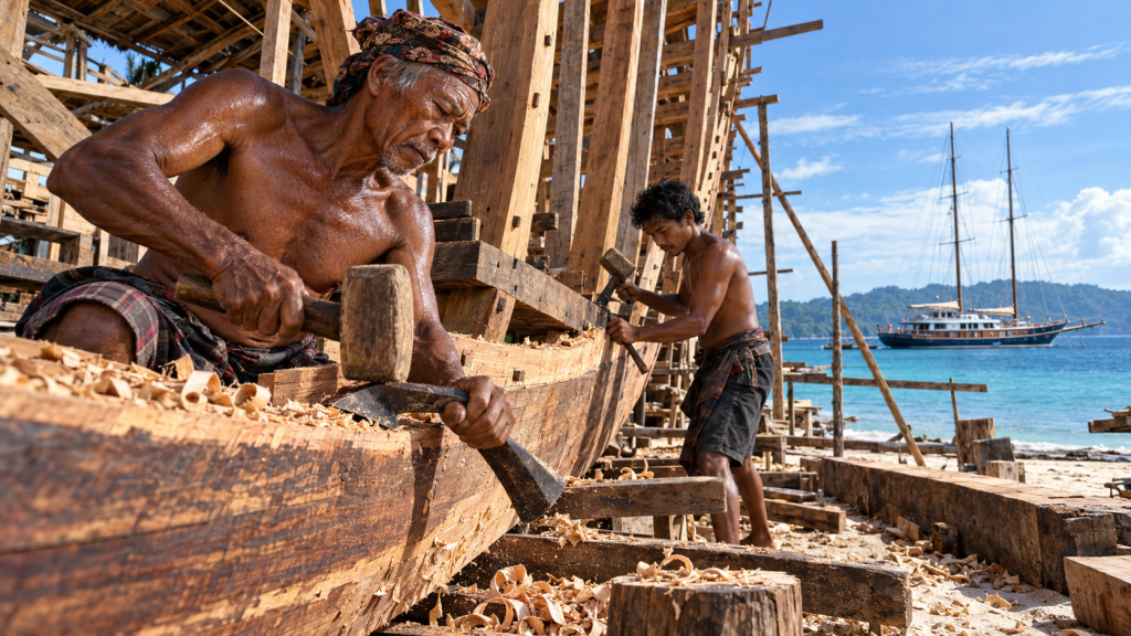 Pengrajin perahu Panrita Lopi mengerjakan rangka kayu kapal pinisi tradisional di galangan kapal pesisir Bulukumba.