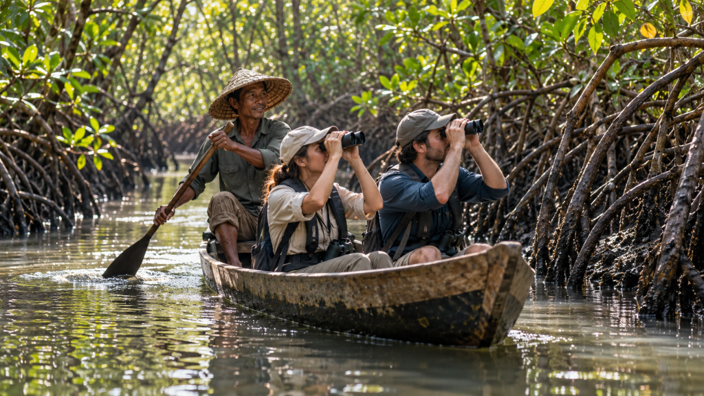 Warga desa pesisir mengayuh kano kayu memandu wisatawan menyusuri jalur rehabilitasi hutan mangrove desa wisata bahari.