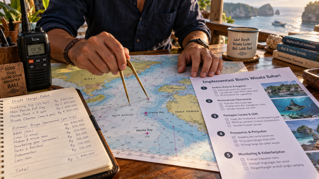 Operator wisata bahari menyusun checklist langkah operasional dan rute perjalanan di atas peta navigasi laut.